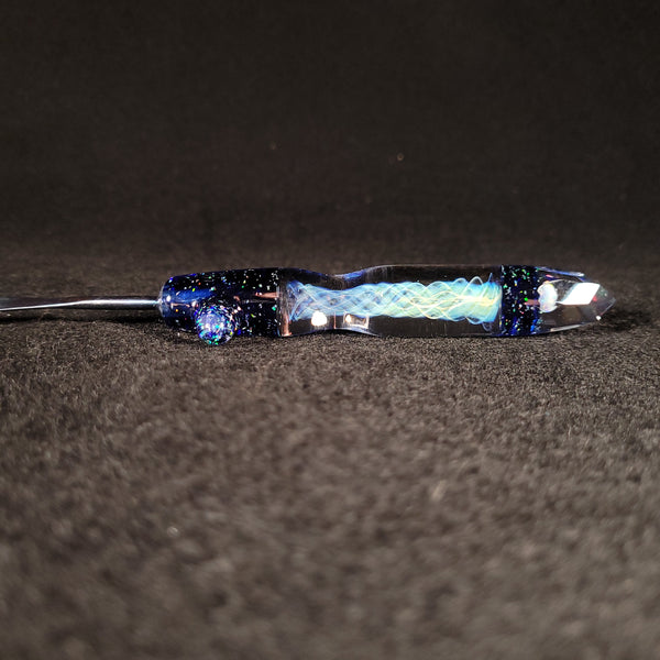 No Brakes Glass - Titanium Tip - Glass Handle Fumed Dab Tool (Faceted Dark Blue Crushed Opal + Encased Opal)