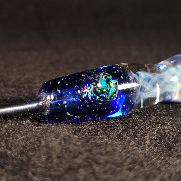 No Brakes Glass - Titanium Tip - Glass Handle Fumed Dab Tool (Faceted Dark Blue Crushed Opal + Encased Opal)